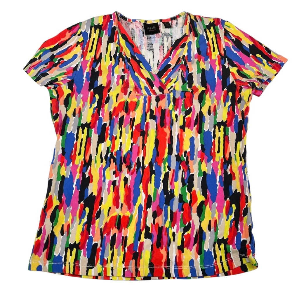 Rafaella‎ Studio S Multicolor Knit Top Abstract V-Neck Short Sleeve Art Deco Pop